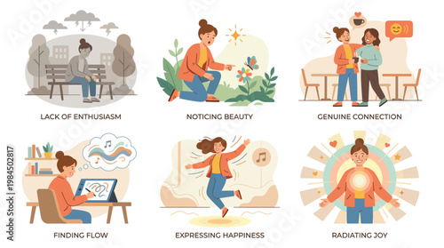 Mental health illustrations show coping with anxiety and stress