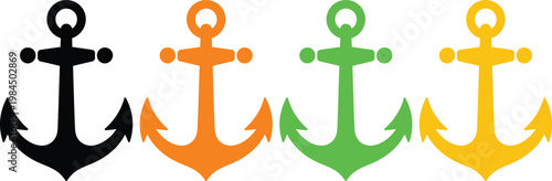 Four colorful nautical anchors displayed in a row with varying shades
