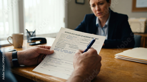 Employee filling out workplace injury and incident report form with supervisor looking on