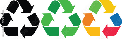 Three recycling symbols with different color variations representing sustainability efforts