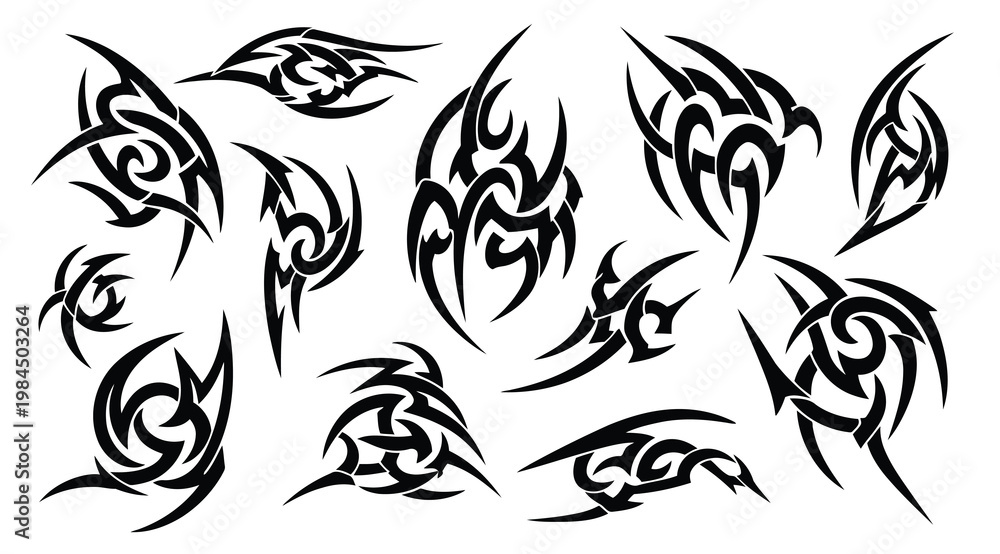 Fototapeta premium Set of tribal tattoo designs, black vector illustrations