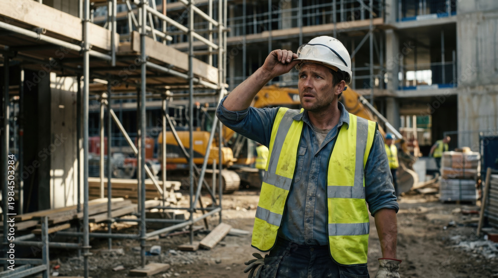 Fototapeta premium Construction worker in hard hat and safety vest looking up at building site