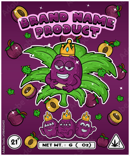 Cartoon plums flavor with cannabis leaf, designed for logo, label or packaging.