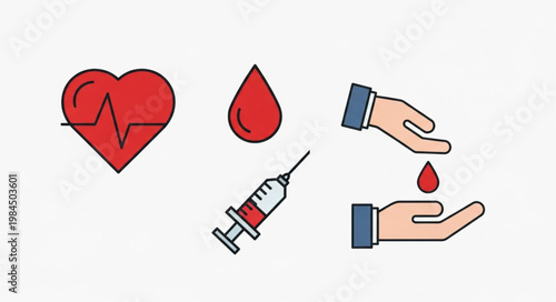 Medical icons representing blood donation and heart health.