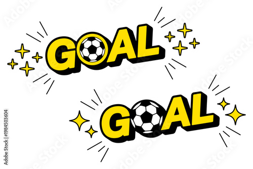 サッカーのゴールのテキスト、フットボールのGOAL、サッカーボールと文字のベクターイラストセット