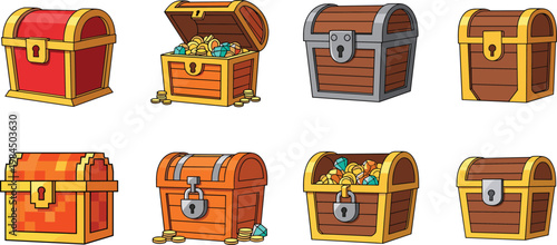 Set of Colorful Treasure Chests with Gold and Jewels for Adventure, Pirate, and Fantasy Themes