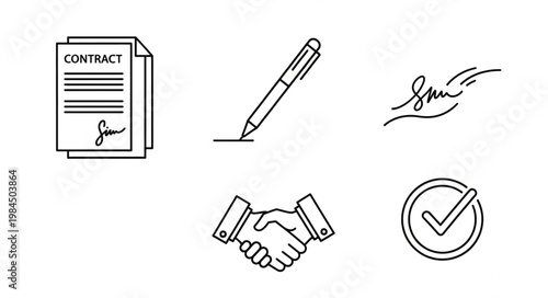 Business agreement icons including contract handshake pen and signature.