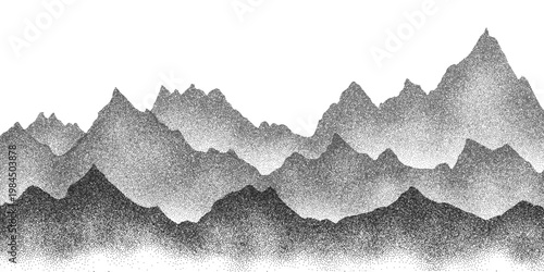 Geometric mountain silhouette of alpine peaks with stipple texture background and sunset gradient creating minimalist panoramic scenery ideal for artistic templates and creative graphic projects.