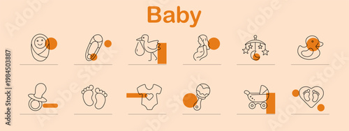 Baby set icon. Line symbols depict swaddled baby, safety pin, stork delivery, pregnant woman, baby mobile, rubber duck, pacifier, baby feet, bodysuit, rattle toy, stroller