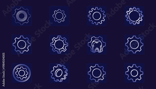 Set of 12 blue gradient gear and settings line icons.