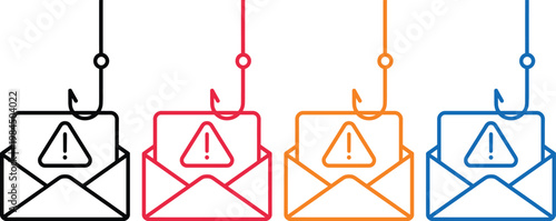 Phishing attempts illustrated through different colored email icons with hooks