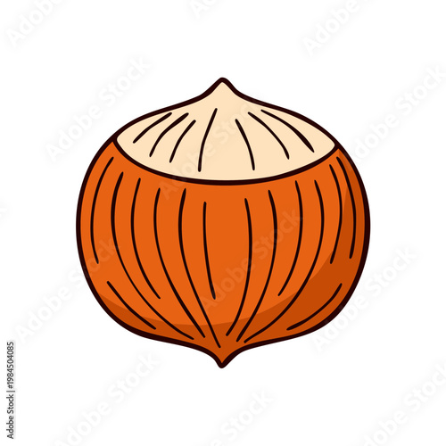 A simple, stylized illustration of a single hazelnut in its shell, showcasing its round shape and textured surface
