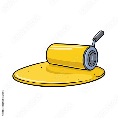 Yellow dough roller flattening dough for baking or cooking with cartoon style illustration