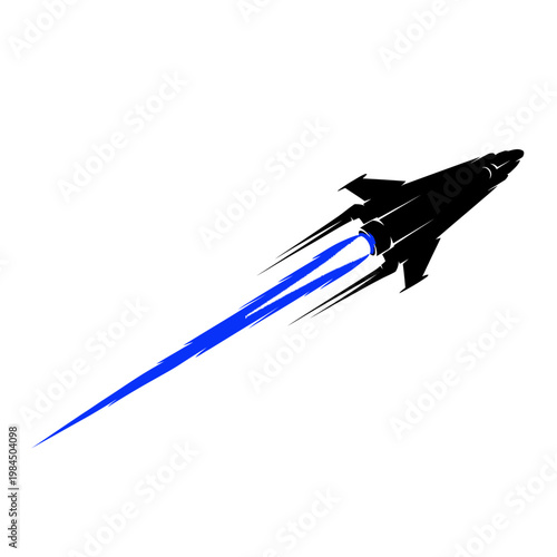 Silhouette of a Rocket Launching with Blue Flame Trail.