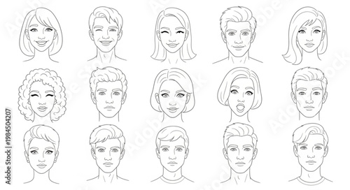 Collection of diverse hand drawn female portraits in sketch style.