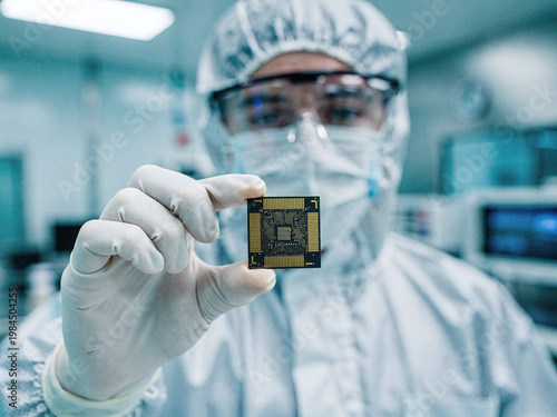 Scientist in cleanroom hold microchip, technology innovation, future device