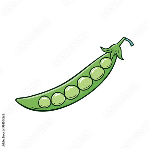 A single green pea pod with visible round peas inside in a stylized cartoon illustration