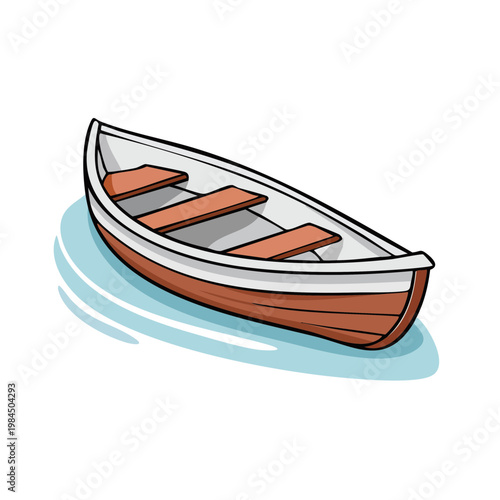 A simple wooden rowboat with three seats floating on blue water with ripples.