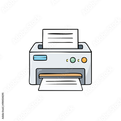 Hand-drawn illustration of a modern printer producing paper documents