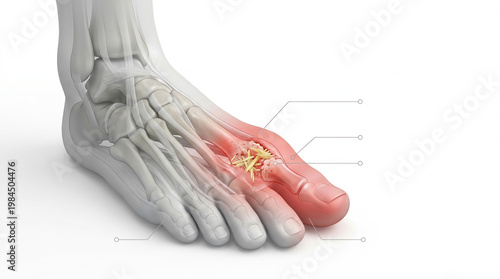 Gout attack in big toe joint with red swelling and pain, medical illustration of foot inflammation