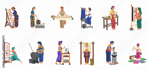 Set of Indonesian women in traditional clothing performing various stages of the manual batik textile making process, isolated on white background.