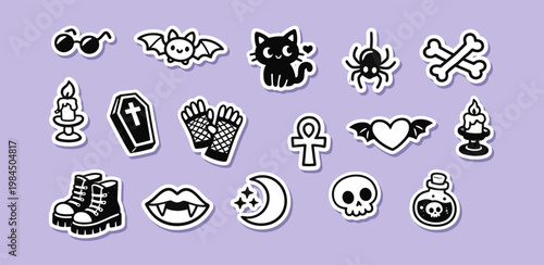 Cute gothic and spooky icons collection with bats, skulls, and coffins. Vector