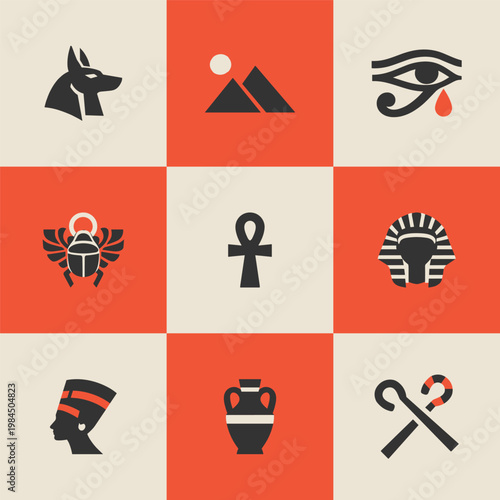 Collection of ancient Egyptian symbols and icons in a grid layout. Vector