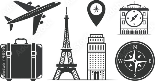 Travel and tourism icons including landmarks and navigation tools in black and white