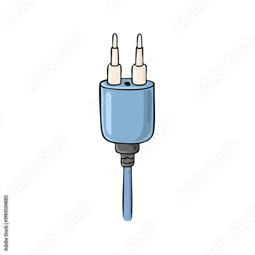 Illustration of a blue electrical plug with two prongs and a connected wire.