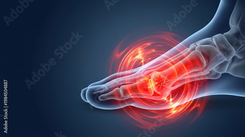 Gout attack foot pain in joint, medical illustration of swollen foot with red inflammation and bone pain on dark background