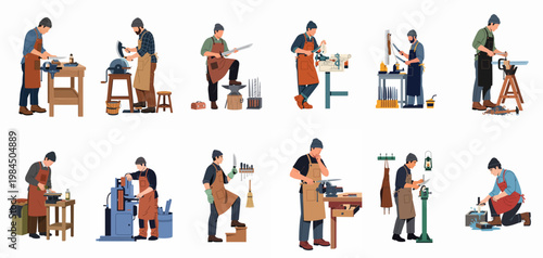 Set of flat vector illustrations of professional bladesmiths and craftsmen crafting, sharpening, and finishing knives and swords in a workshop.