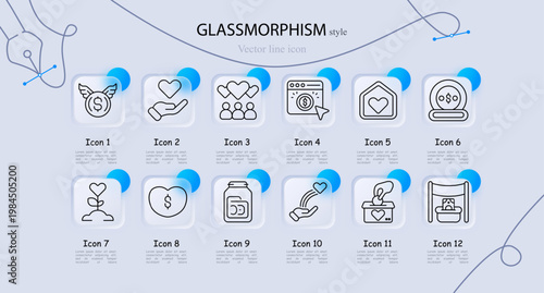 Charity donation set icon. Winged coin money, helping hand heart, community support hearts, online donation payment, home care protection, fortune finance sphere, charity plant growth