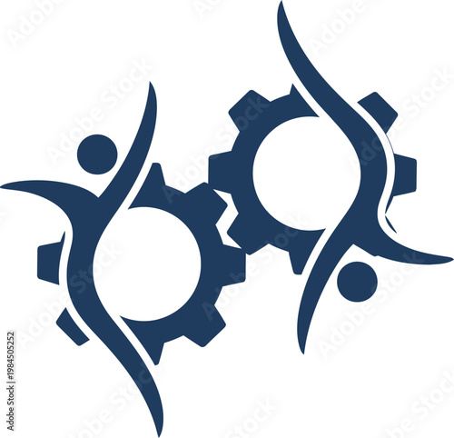 Abstract human figures and interlocked gears symbolizing collaboration or teamwork. Modern business or industrial concept. Vector icon for logo design