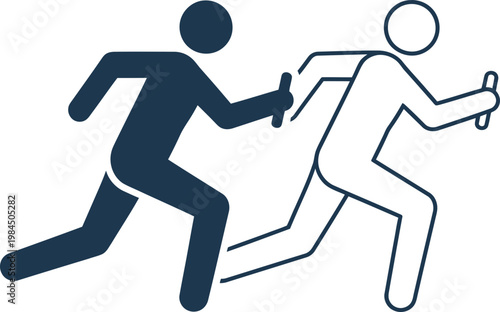 Two men running with a baton passing it in a relay race. Teamwork and competition concept. Simple graphic vector illustration