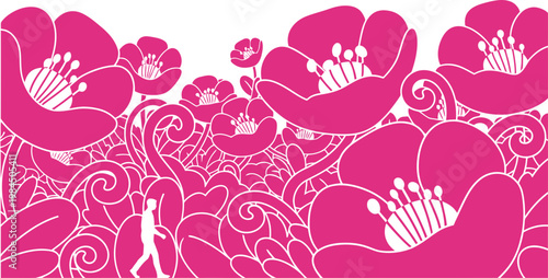 Man walking through a field of large psychedelic fantasy flowers and plants. Surreal nature garden concept vector illustration for design