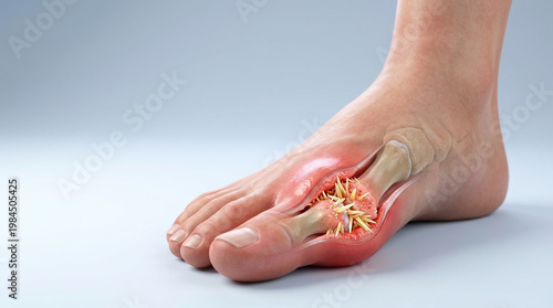 Gout attack in big toe joint with red pain and inflammation, medical foot pain concept