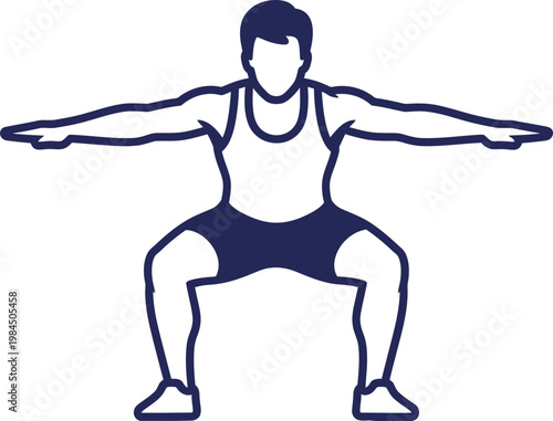 Man performing bodyweight squat exercise gesture with wide arms for fitness workout icon, vector illustration isolated on white background