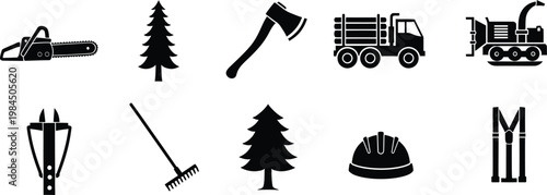 Collection of black and white forestry and logging equipment icons including a chainsaw, axe, and truck.