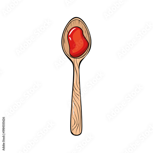 Wooden spoon filled with bright red sauce or liquid detail