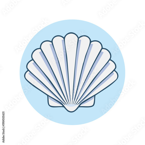 Elegant white scallop shell illustration on a pale blue circular background symbolizing the ocean