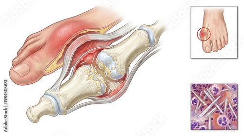Gout attack in big toe joint with inflammation and uric acid crystal pain