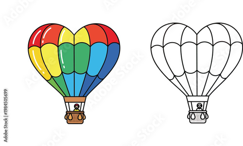 Heart Shaped Hot Air Balloon Vector Illustration with Coloring Book Page Version, Rainbow Colored Flying Balloon with Pilot in Basket for Kids Education and Romantic Travel Concept