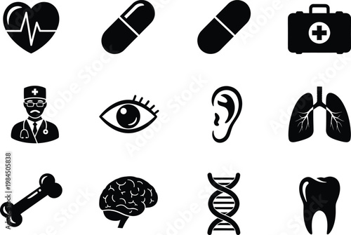 Collection of medical and healthcare icons representing various human organs and health services