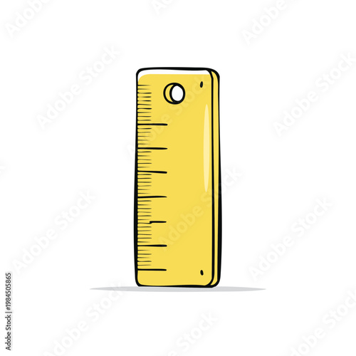 Yellow drawing ruler with inch markings and a hole for hanging isolated on white background
