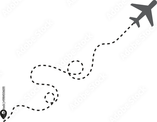 Multiple airplanes flying on dotted flight paths travel connecting location pins symbolizing  . Airplane red line path route travel vector concept. Travel Logistics and Destination Tracking Symbols. J