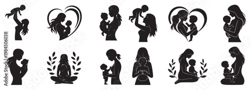 Mother and Child Silhouettes with Heart Leaves