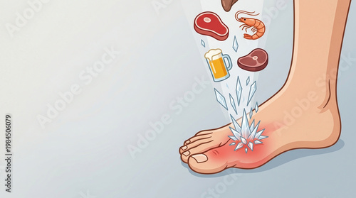 Gout attack in foot with painful inflammation and swelling from meat and alcohol diet