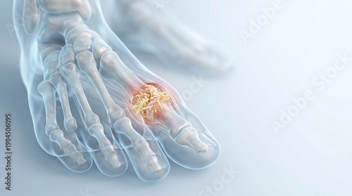 Gout attack in foot joint with painful inflammation and crystal deposit, medical concept