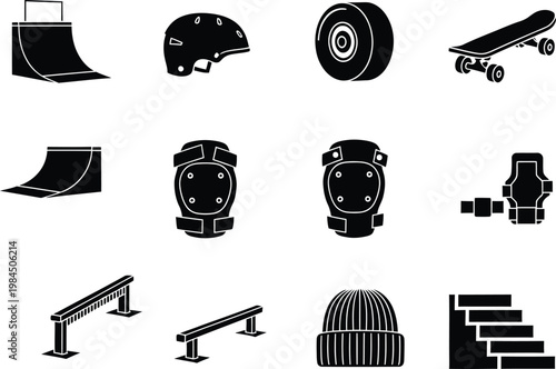 Black and white skateboarding equipment and park elements icons set for extreme sports design