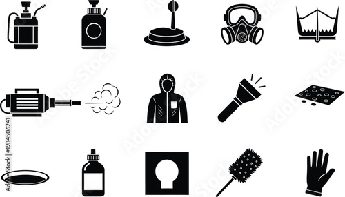 A set of black and white icons representing pest control and professional extermination tools.